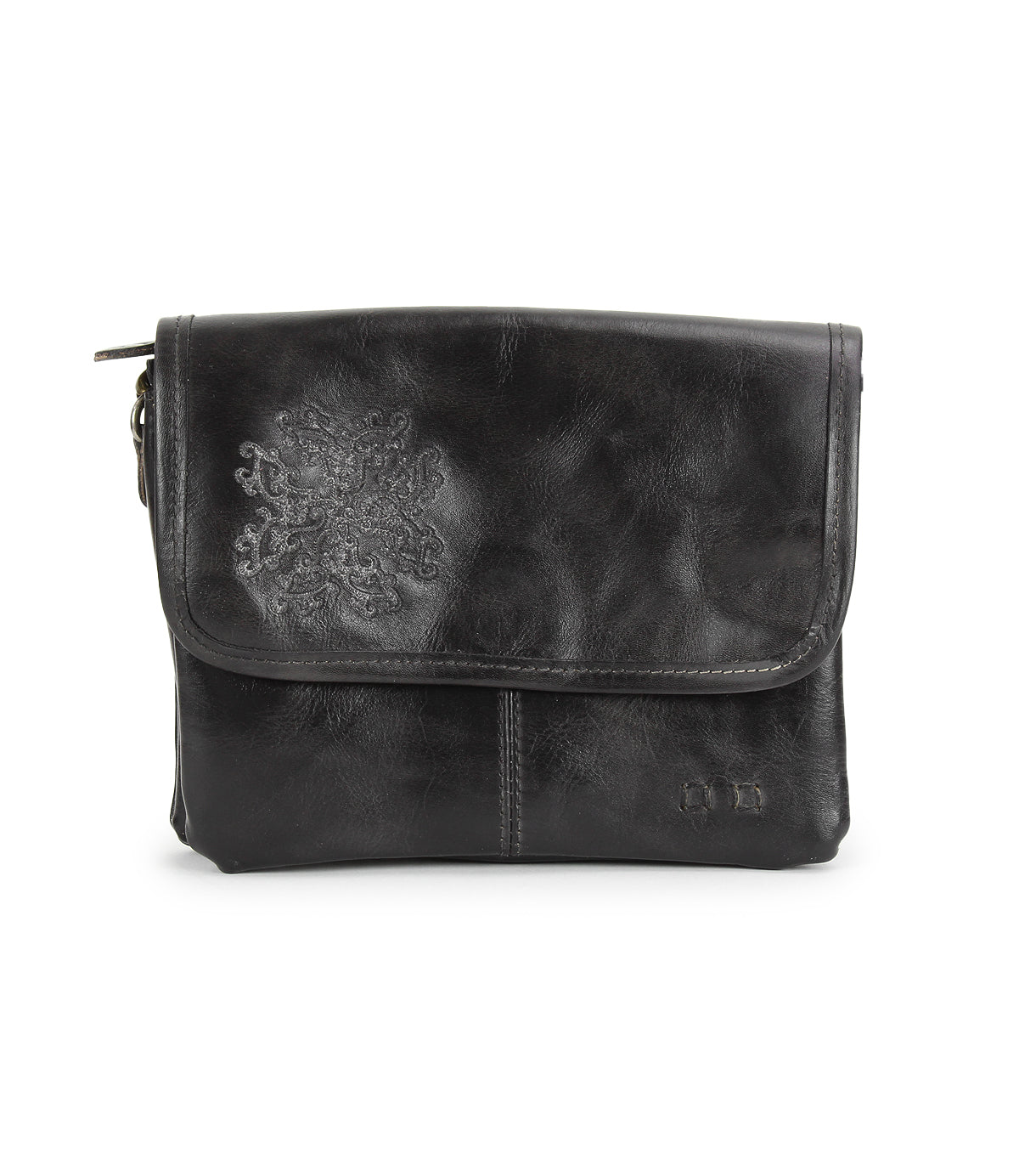 The Bed Stu Ziggy JB is a black leather crossbody bag featuring a flap closure, subtle stitching, and a faint embroidered floral design on the front.