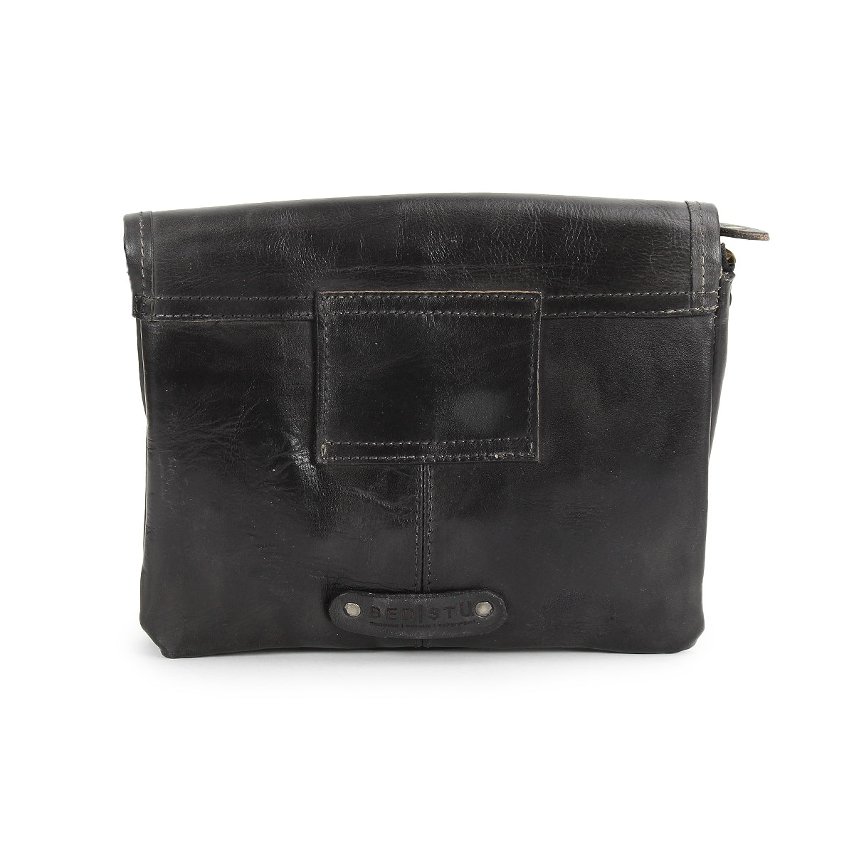 The Ziggy JB by Bed Stu is a black leather crossbody bag featuring a front patch, visible stitching, metal rivets, and a small brand label near the bottom.