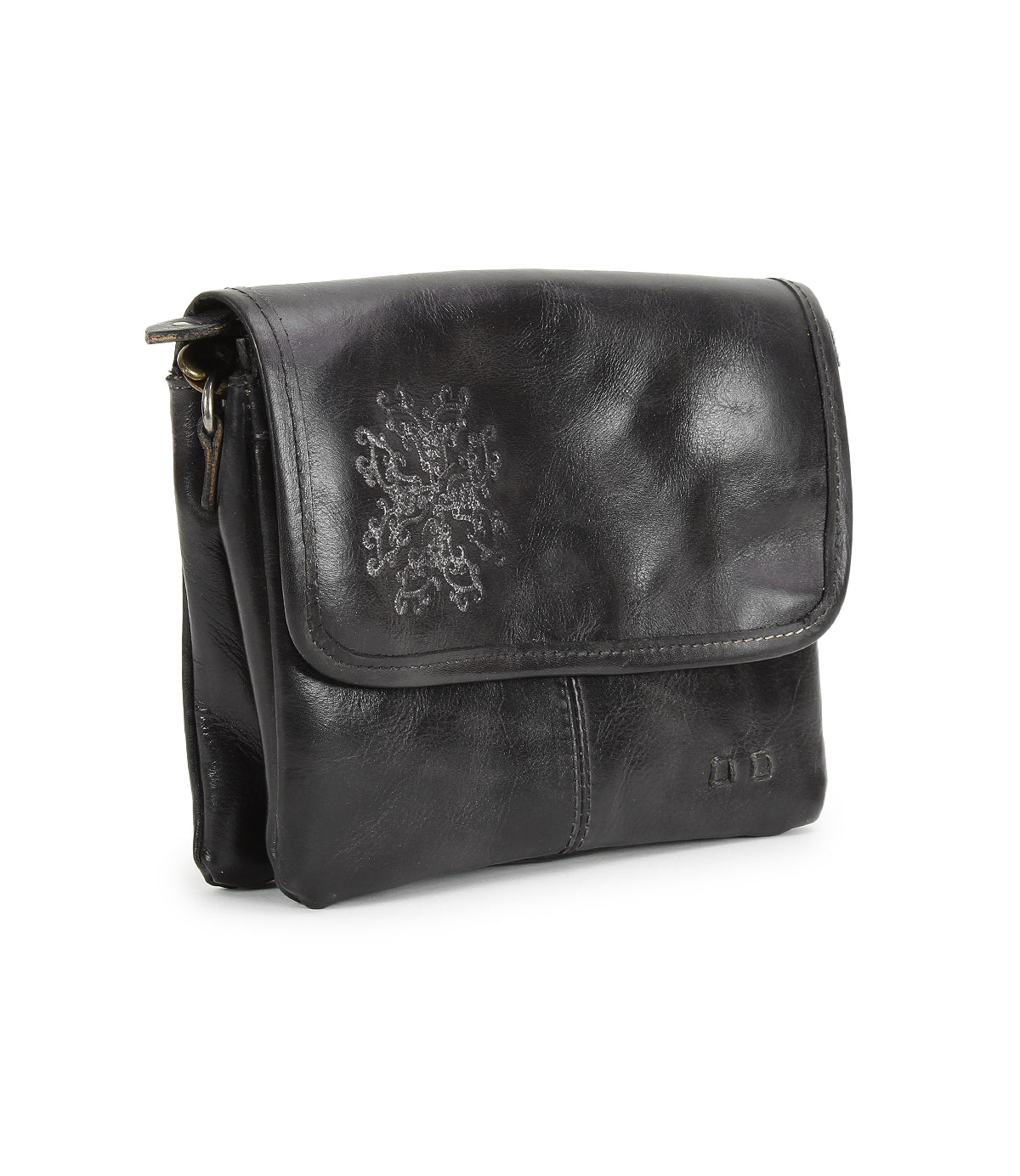 The Ziggy JB by Bed Stu is a small black leather crossbody bag featuring a front flap, minimal stitching, and a subtle embossed design.
