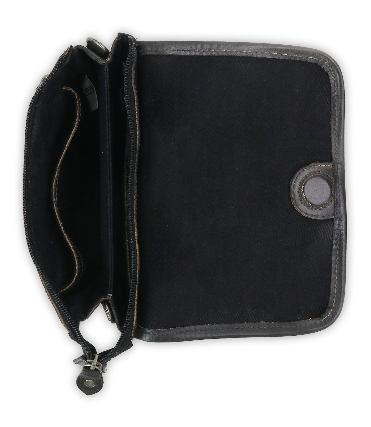 The Bed Stu Ziggy JB wallet is crafted in black leather with a snap button closure, subtle embroidered details, multiple compartments, and a zipper pocket, combining elegance with functionality.