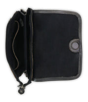 The Bed Stu Ziggy JB wallet is crafted in black leather with a snap button closure, subtle embroidered details, multiple compartments, and a zipper pocket, combining elegance with functionality.