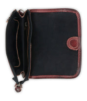 The Bed Stu Ziggy JB is an open black leather wallet with a snap button, brown trim, embroidered details, multiple compartments, and a zippered pocket.