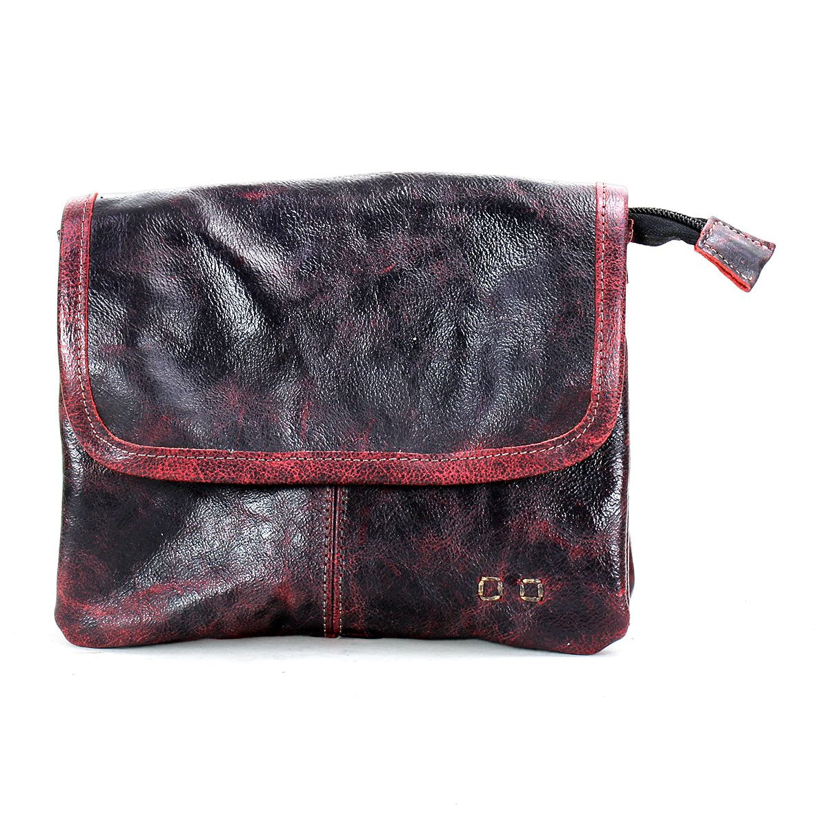 The Bed Stu Ziggy is a dark brown classic leather crossbody with a fold-over flap and red accents, offering hands-free convenience.