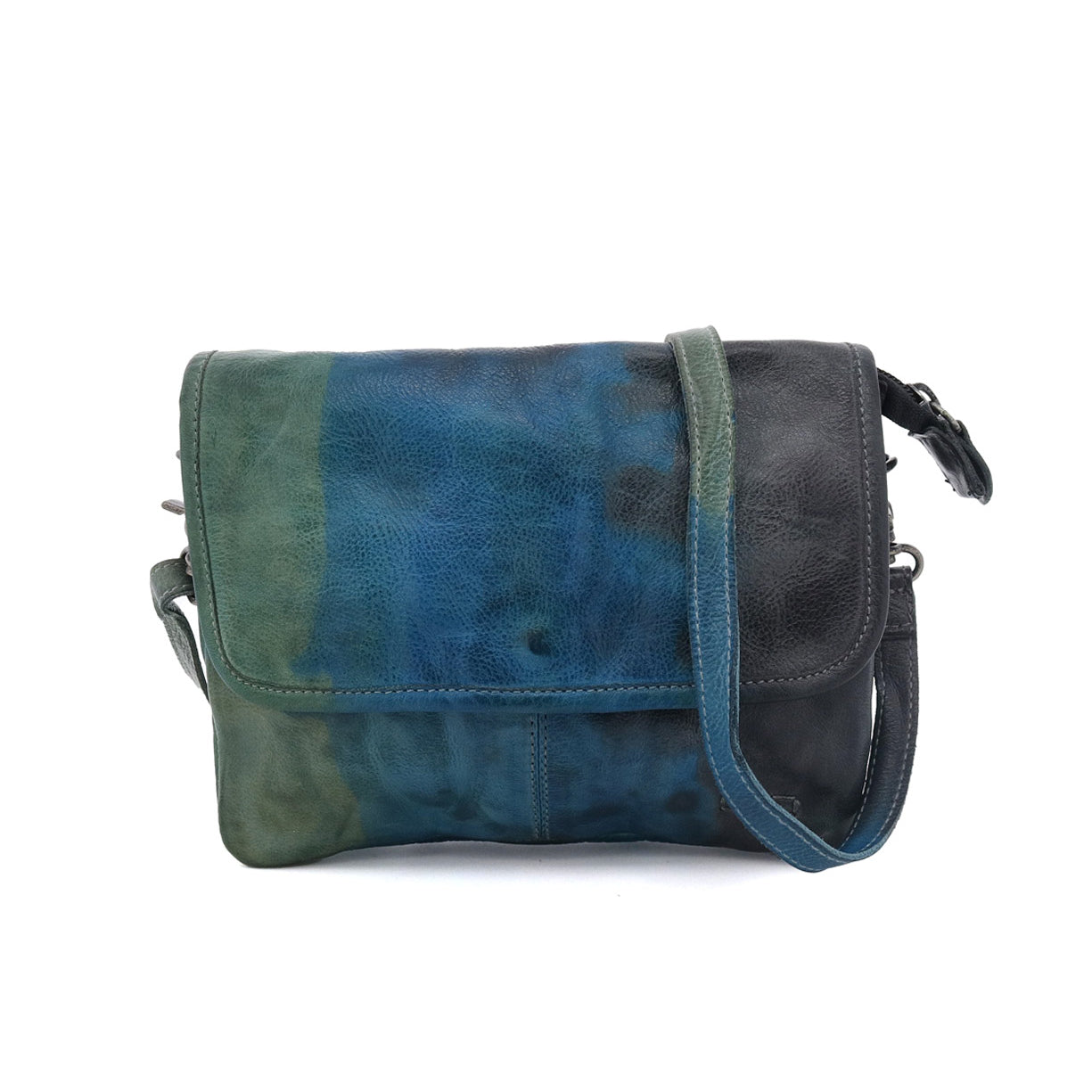 A Ziggy bag by Bed Stu, made of blue and black leather, with a shoulder strap.
