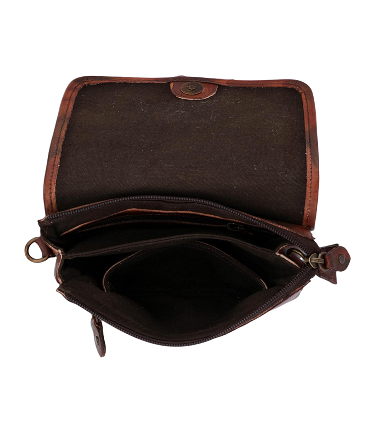 A Ziggy messenger bag by Bed Stu, made of brown leather with two compartments.